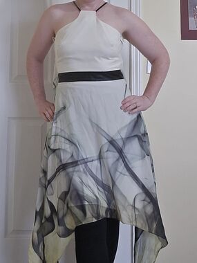 Milly New York Silk Leather Cream Olive Handkerchief Hem Flowy Dress